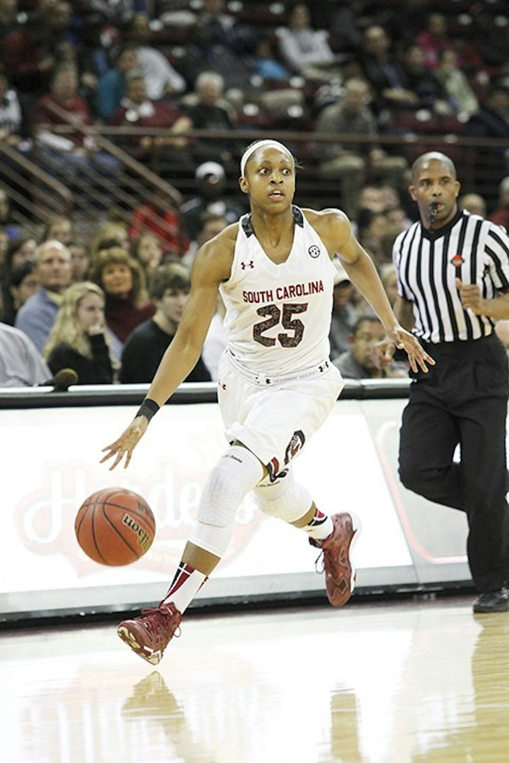 <p>South Carolina junior Tiffany Mitchell led South Carolina with 15 points in the Gamecocks' 73-56 win over Arkansas Thursday night.  Mitchell has now scored in double-digits in 13 straight games and No. 2 South Carolina puts its 30-game home winning streak to test against No. 6 Tennessee on Monday. </p>