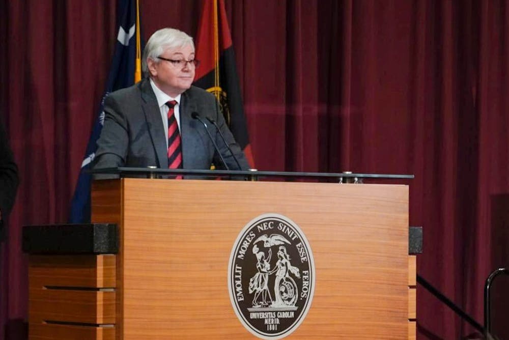 <p>Michael Amiridis speaks at a press conference in Columbia, SC. Amiridis was named president of the University of South Carolina on Friday, Jan. 14, 2022.</p>