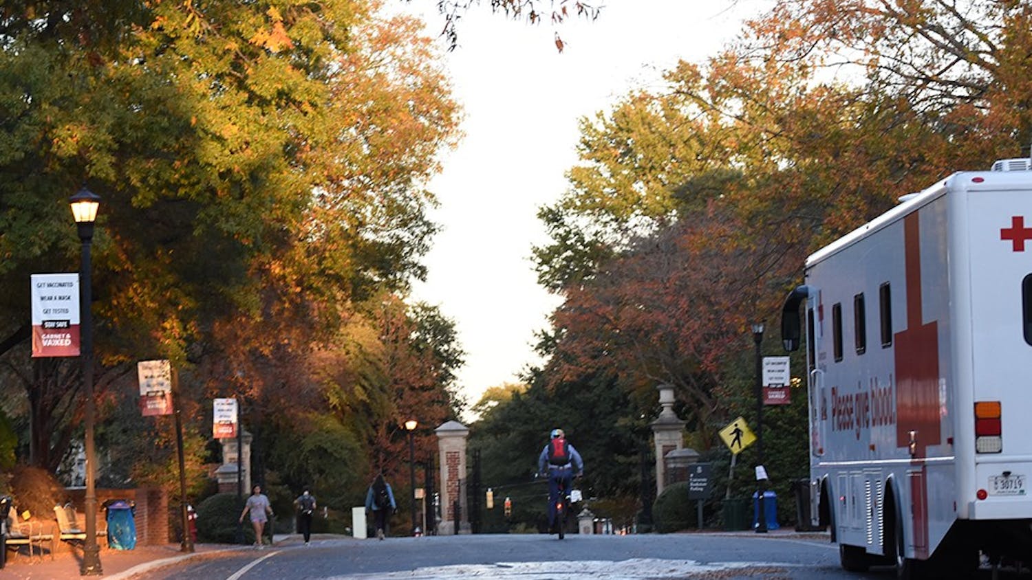 A truck for taking and collecting donations parked along Greene Street. The Carolina Clemson Blood Battle promoted USC students to donate 2,026 pints of blood. Between both schools, 5,284 pints were donated in the spirit of friendly competition.