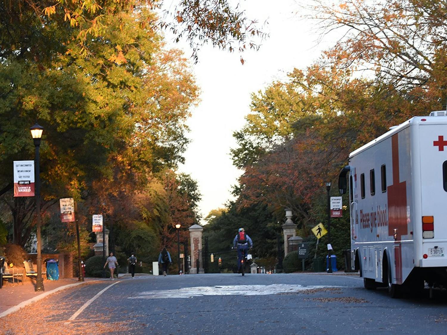 A truck for taking and collecting donations parked along Greene Street. The Carolina Clemson Blood Battle promoted USC students to donate 2,026 pints of blood. Between both schools, 5,284 pints were donated in the spirit of friendly competition.