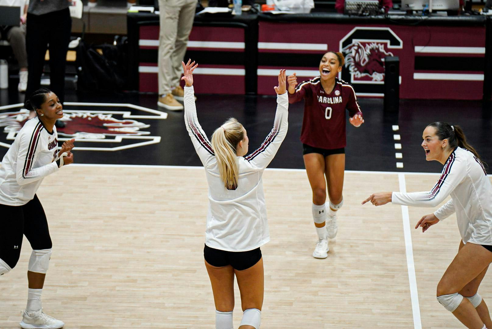 The Gamecock volleyball team celebrates after a kill by junior setter Sydney Floyd in their matchup against Alabama at the Carolina Volleyball Center on Oct. 19, 2025. This counts as Floyd’s first kill this season.