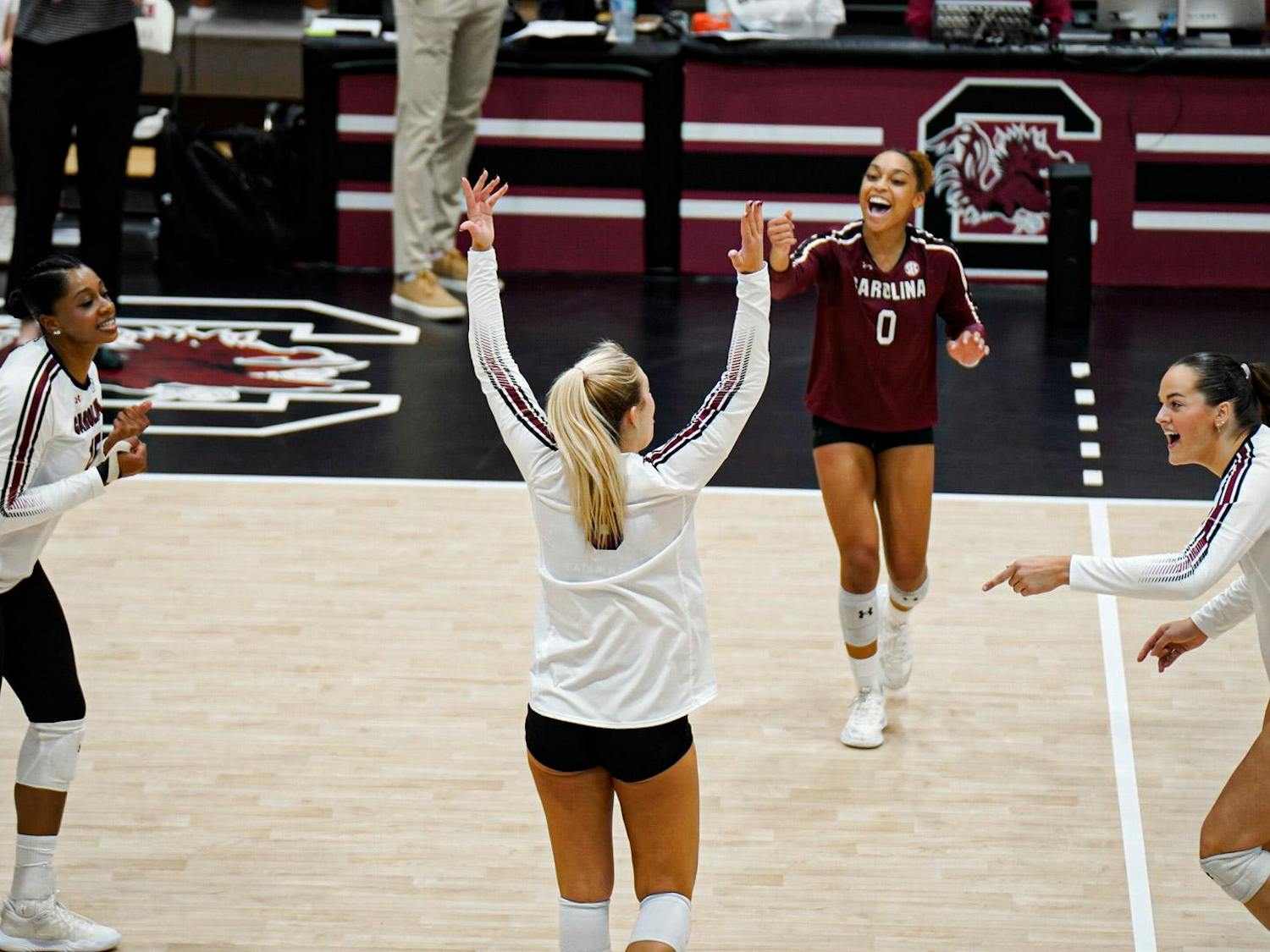 The Gamecock volleyball team celebrates after a kill by junior setter Sydney Floyd in their matchup against Alabama at the Carolina Volleyball Center on Oct. 19, 2025. This counts as Floyd’s first kill this season.