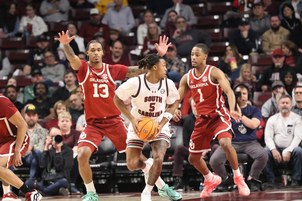 <p>South Carolina redshirt senior guard Meechie Johnson looks to pass the ball in the Gamecock match against Oklahoma. The Gamecocks defeated the Sooners with a final score of 85-76.</p>