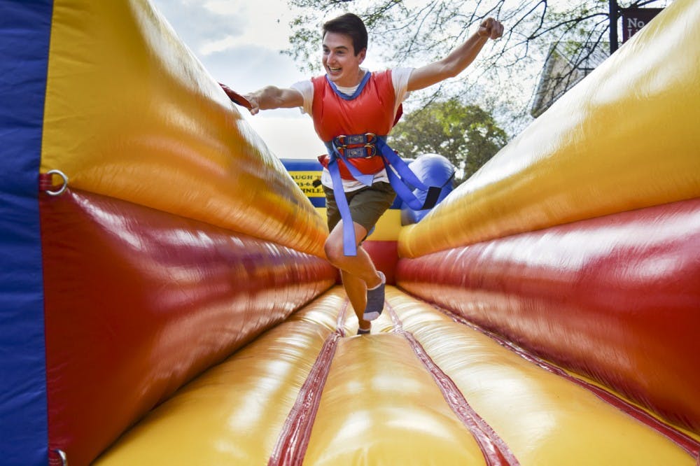 Students had to see how far they could make it&nbsp;before they were yanked back by a bungee cord.