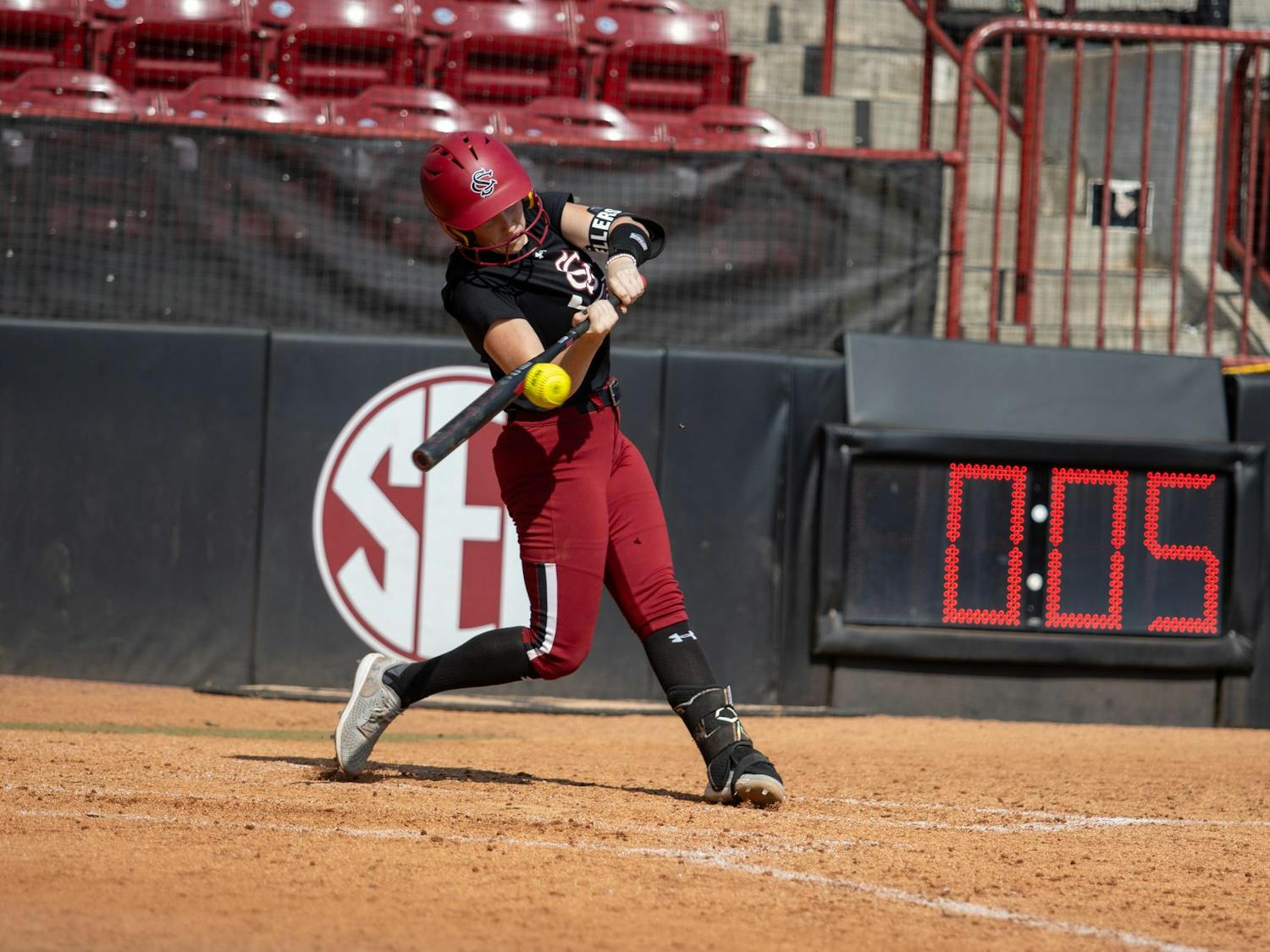 Senior infielder Emma Sellers hits a shot deep into the outfield during South Carolina's game against USC Beaufort on Sept. 28, 2024. Sellers played in 38 games last season. 