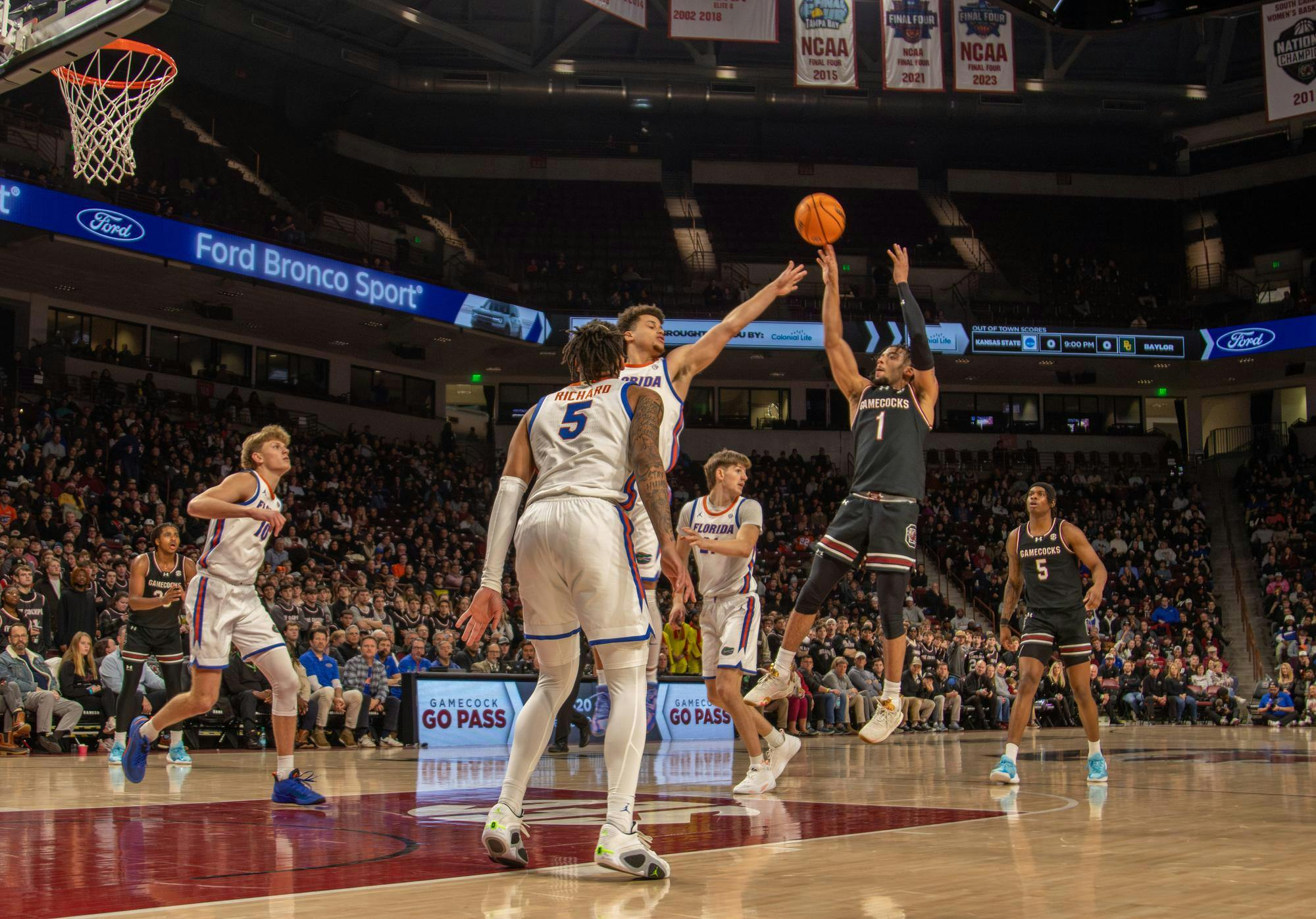 FILE - Senior guard Jacobi Wright jumps to make a shot against the Florida Gators at the Colonial Life Arena on Jan. 22, 2025. The Gators won the NCAA Final Four in the 2025 season with a 65-64 win against Houston.