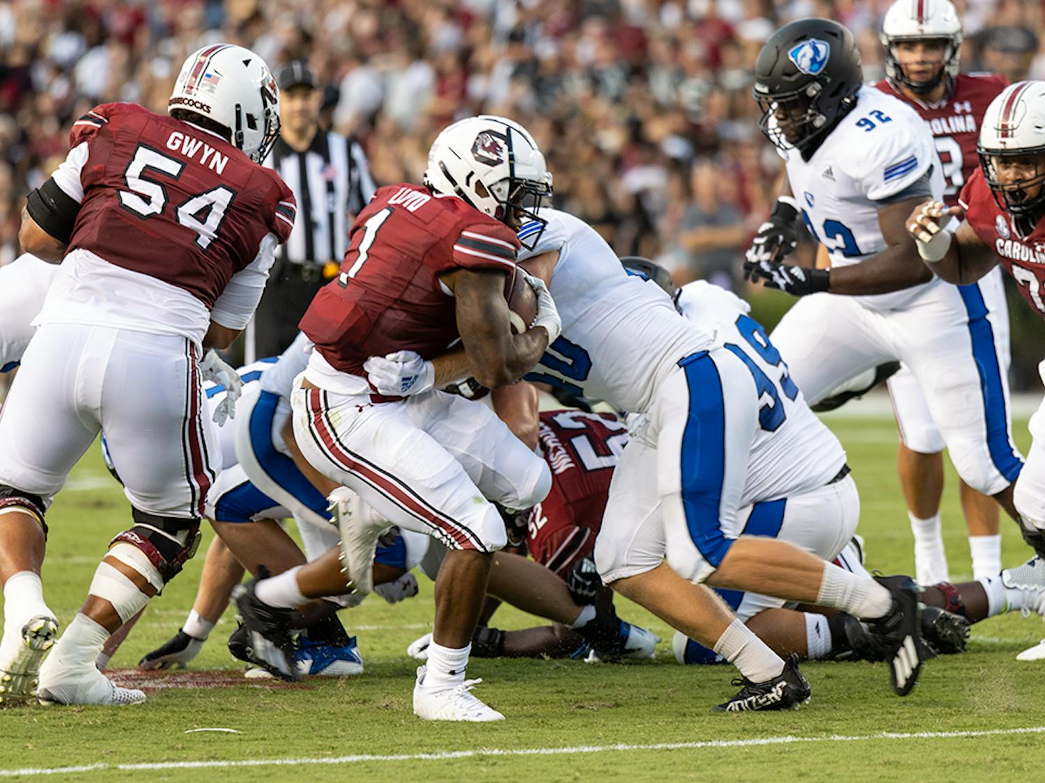 Redshirt freshman running back Marshawn Lloyd breaks free from an Eastern Illinois player on Sept. 4, 2021. Lloyd would go on to make a first down for the Gamecocks.