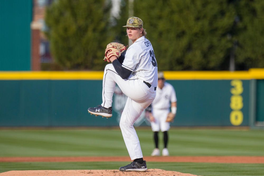 <p>Freshman pitcher Eddie Copper pitched the first four innings against Winthrop on Feb. 20, 2024, at Founders Park, allowing zero runs. The Gamecocks defeated Winthrop 12-2.</p>