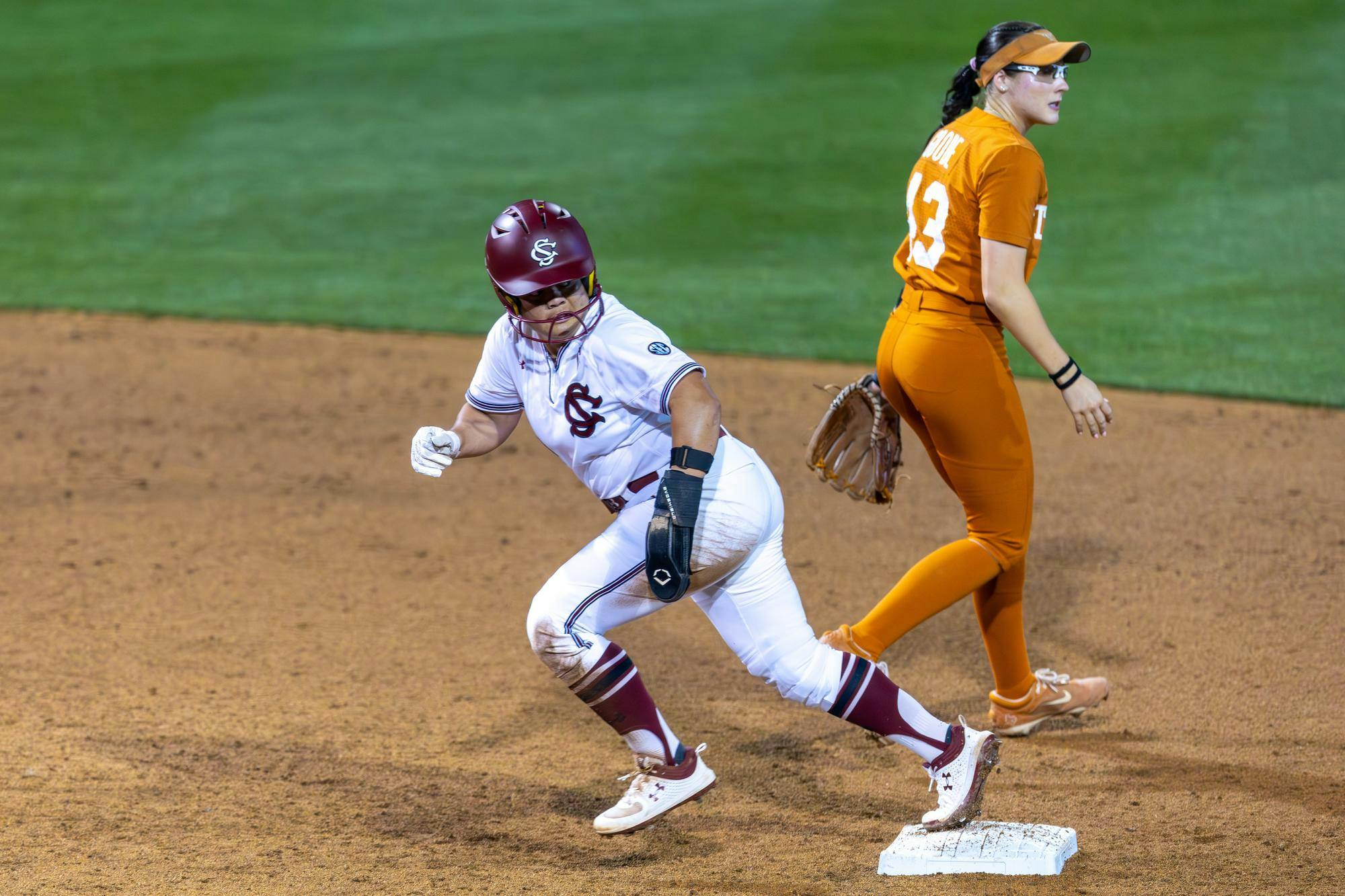 Redshirt senior outfielder Quincee Lilio rounds second base during the game against Texas on March 6, 2026. Lilio batted .500 and scored one run.