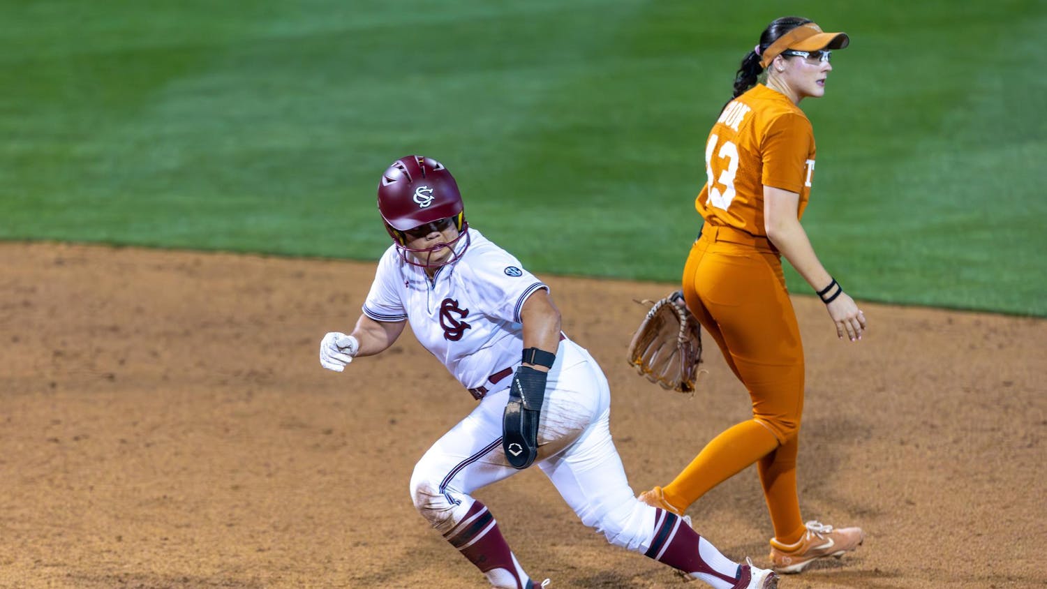 Redshirt senior outfielder Quincee Lilio rounds second base during the game against Texas on March 6, 2026. Lilio batted .500 and scored one run.