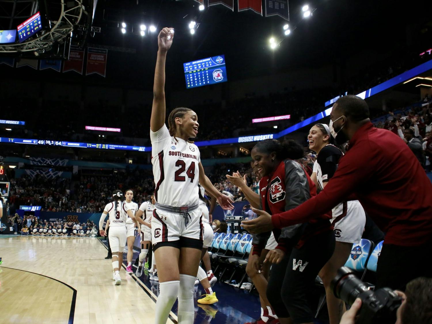 Senior guard LeLe Grissett celebrates final minute of South Carolina's 64-49 victory over University of Connecticut, winning the 2022 National Championship on April 3, 2022.