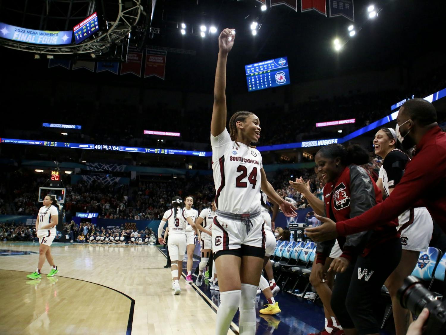 Senior guard LeLe Grissett celebrates final minute of South Carolina's 64-49 victory over University of Connecticut, winning the 2022 National Championship on April 3, 2022.
