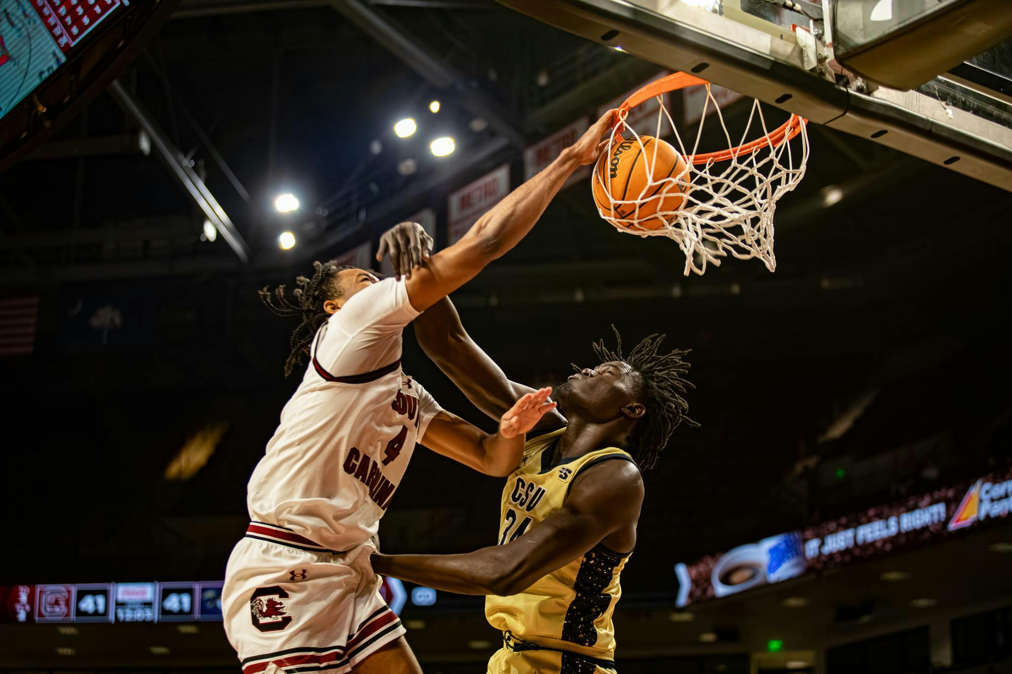 Redshirt senior guard Kobe Knox dunks the ball during the game against Charleston Southern on Nov. 28, 2025. Knox made one steal and scored 15 points in the Gamecocks' win over the Buccaneers.