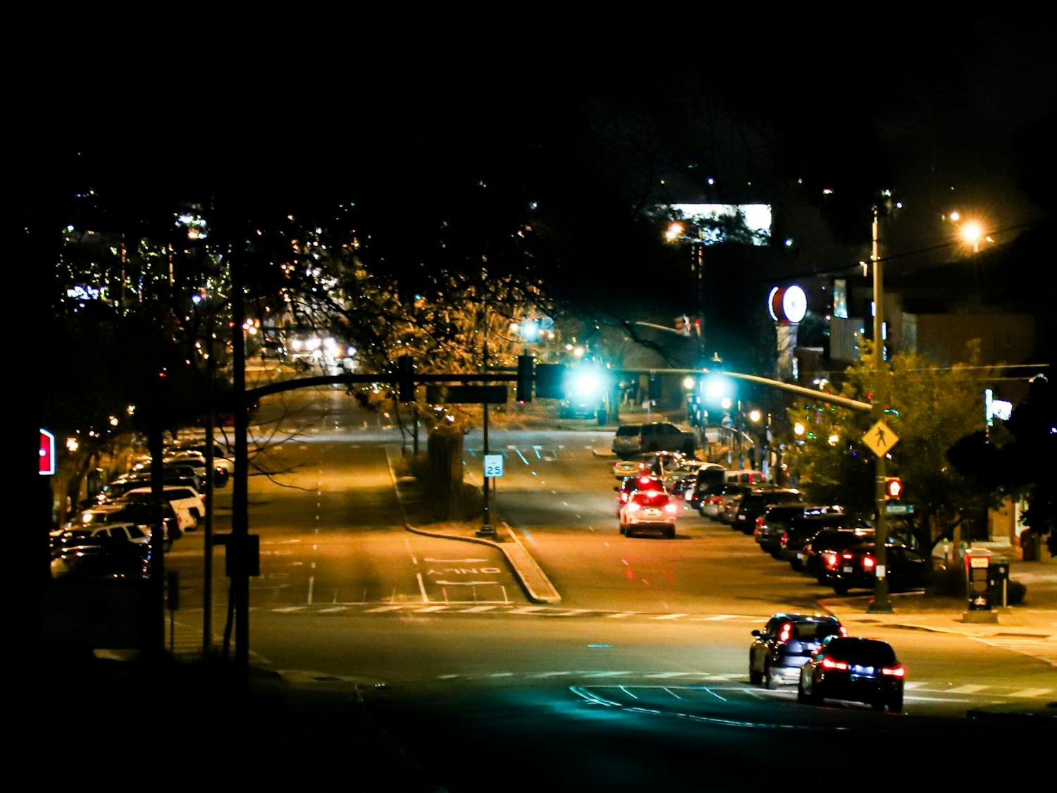 The intersection of Harden and Blossom Street at 10:07 p.m. on Jan. 29, 2021.&nbsp;