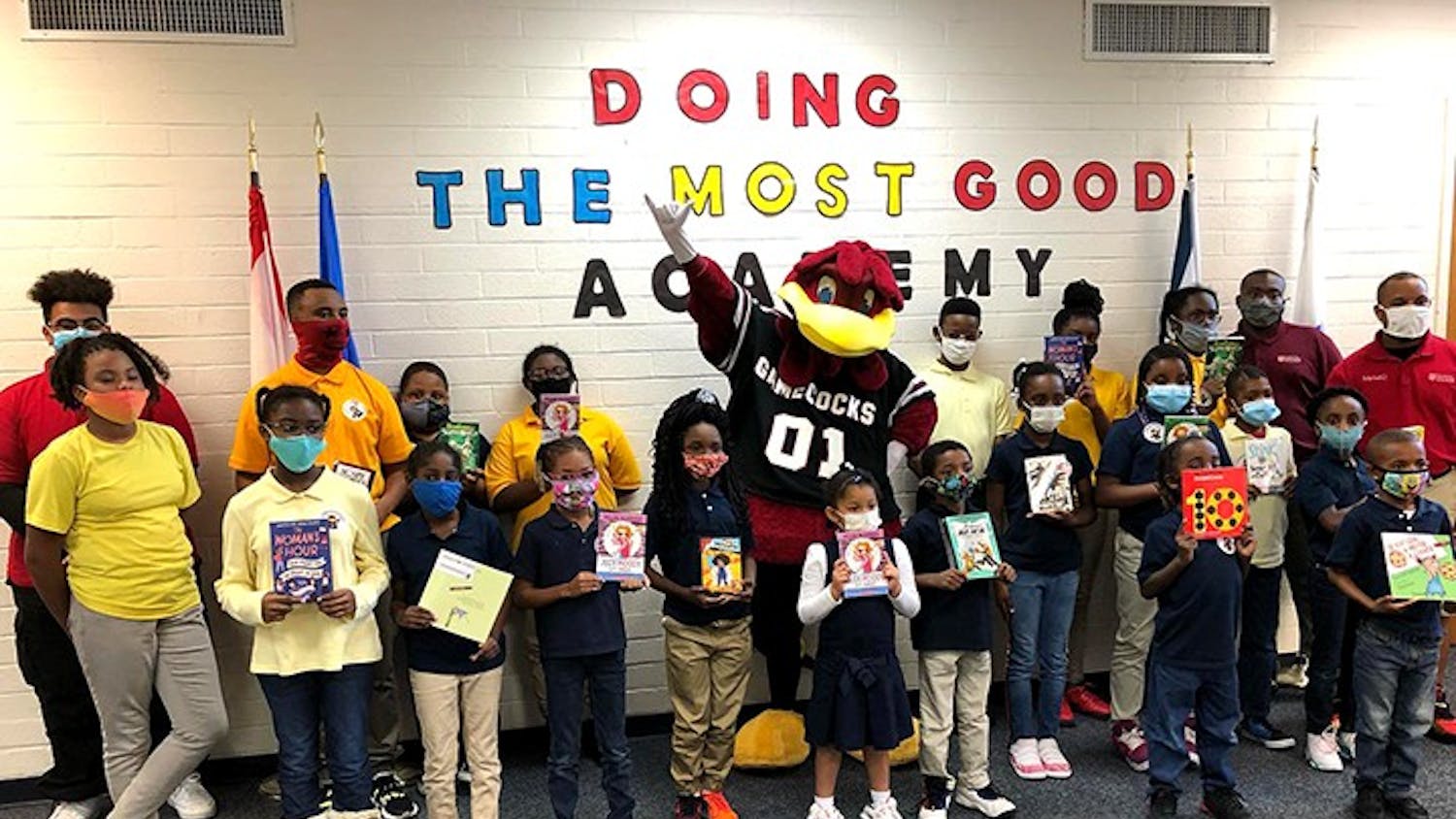 Cocky’s Reading Express takes University of South Carolina student volunteers to Title One elementary schools throughout the state to promote the importance of literacy and life-long reading. Every child who makes a promise to Cocky to read every day receives a brand-new book to take home.
