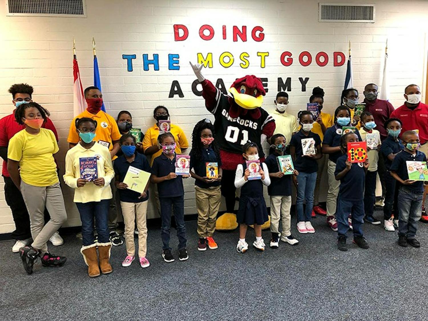 Cocky’s Reading Express takes University of South Carolina student volunteers to Title One elementary schools throughout the state to promote the importance of literacy and life-long reading. Every child who makes a promise to Cocky to read every day receives a brand-new book to take home.