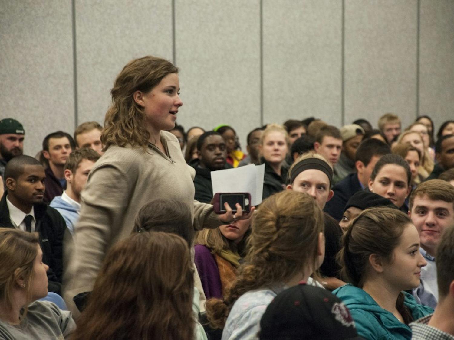 Sonya Renee, founder of "The Body Is Not An Apology," took the Russell House Ballroom stage Wednesday night, courtesy of Carolina Productions. She spoke to the crowd about her mentality of "Radical Self-Love": body empowerment for anyone and everyone, regardless of how society has oppressed them.-Compiled by Erika Ryan