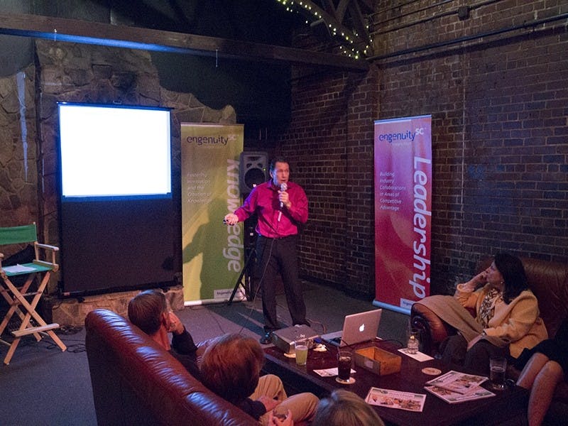 Simon Hudson discusses tourism in Delaney’s Speakeasy Tuesday evening at the monthly EngenuitySC Science Cafe.