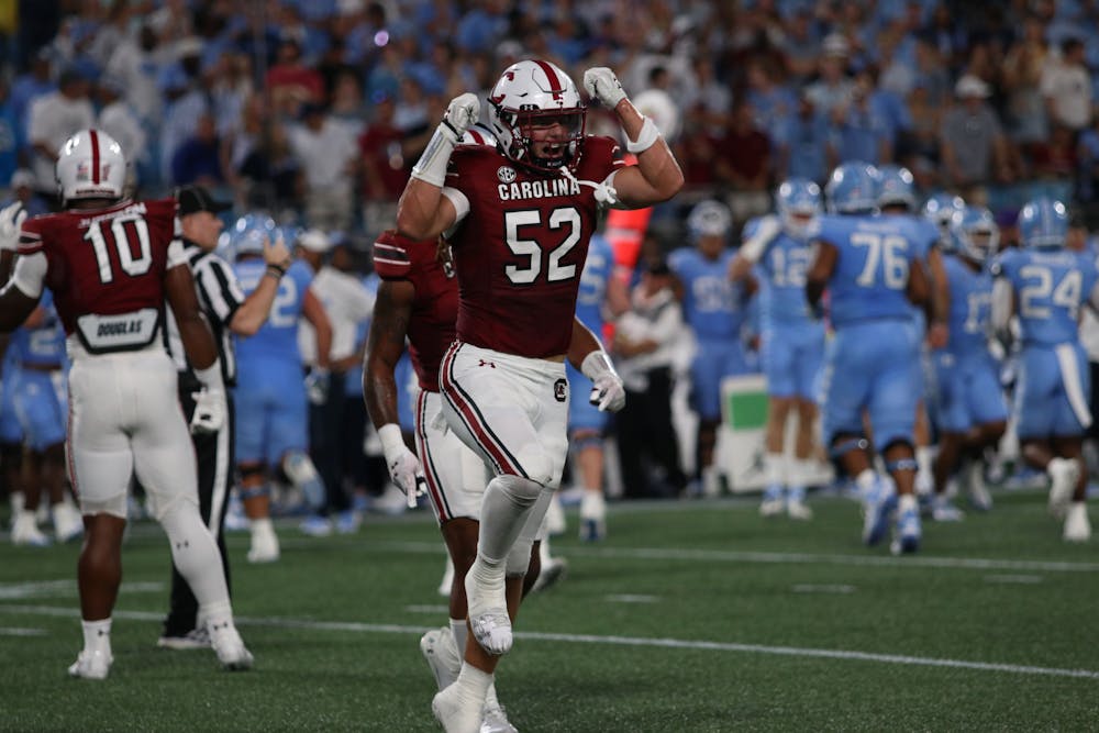 <p>Sophomore linebacker Stone Blanton celebrates after a successful defensive play on Sept. 2, 2023. The South Carolina Gamecocks fell to the UNC Tar Heels 31-17 in Charlotte, North Carolina.</p>