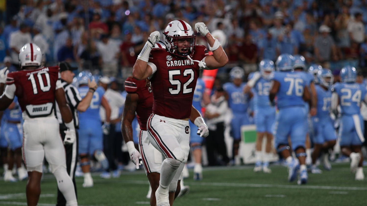 Sophomore linebacker Stone Blanton celebrates after a successful defensive play on Sept. 2, 2023. The South Carolina Gamecocks fell to the UNC Tar Heels 31-17 in Charlotte, North Carolina.