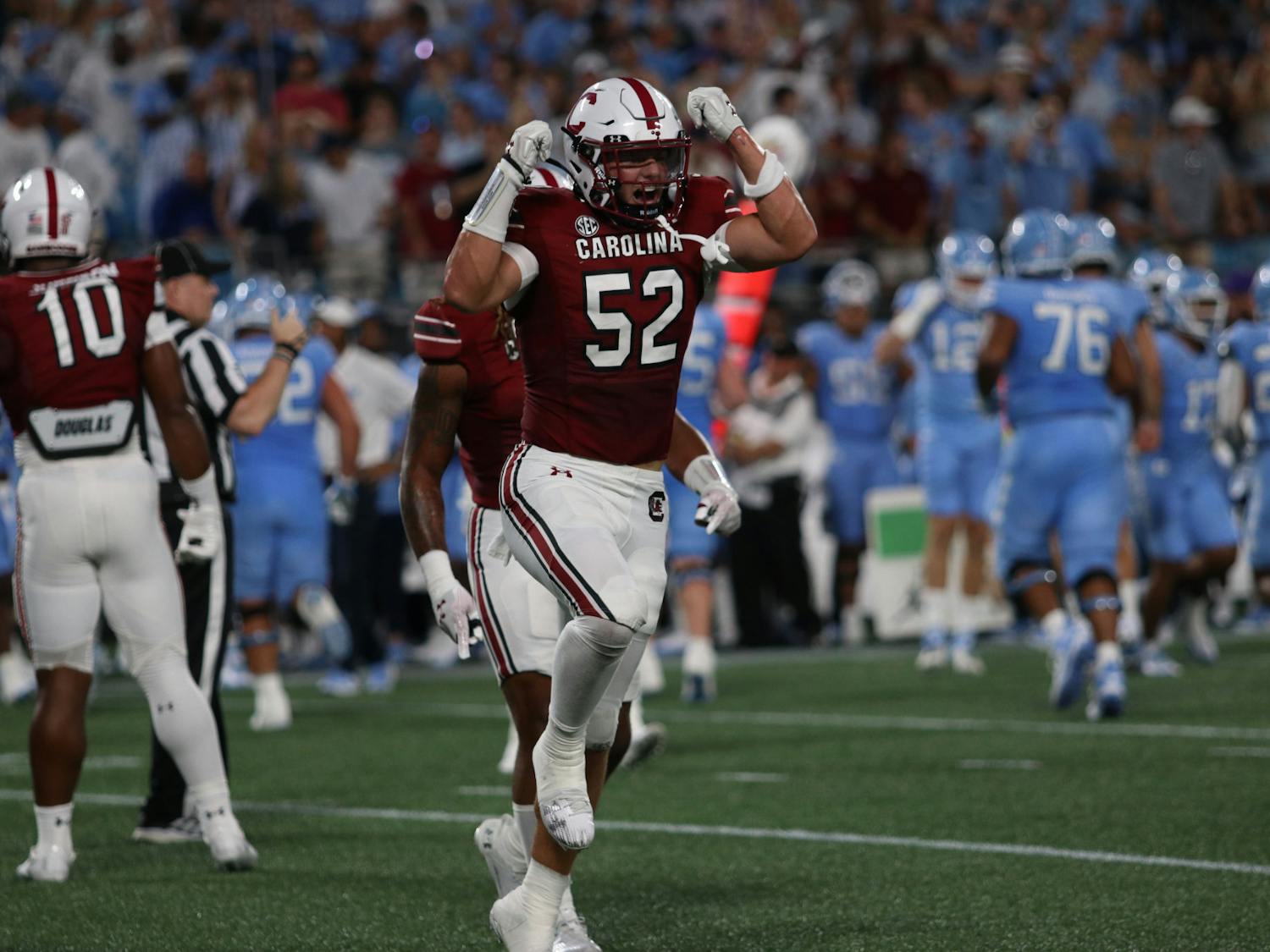 Sophomore linebacker Stone Blanton celebrates after a successful defensive play on Sept. 2, 2023. The South Carolina Gamecocks fell to the UNC Tar Heels 31-17 in Charlotte, North Carolina.