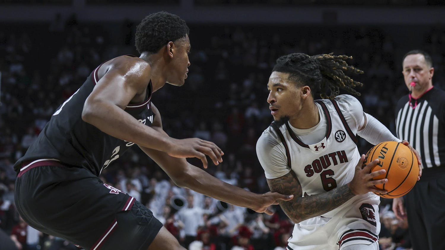 FILE — Senior guard Jamarii Thomas dribbles the ball during the Gamecocks’ matchup against No. 13 Texas A&M at Colonial Life Arena on Feb. 1, 2025. The Gamecocks are 10-16 (0-13 SEC) on the season.