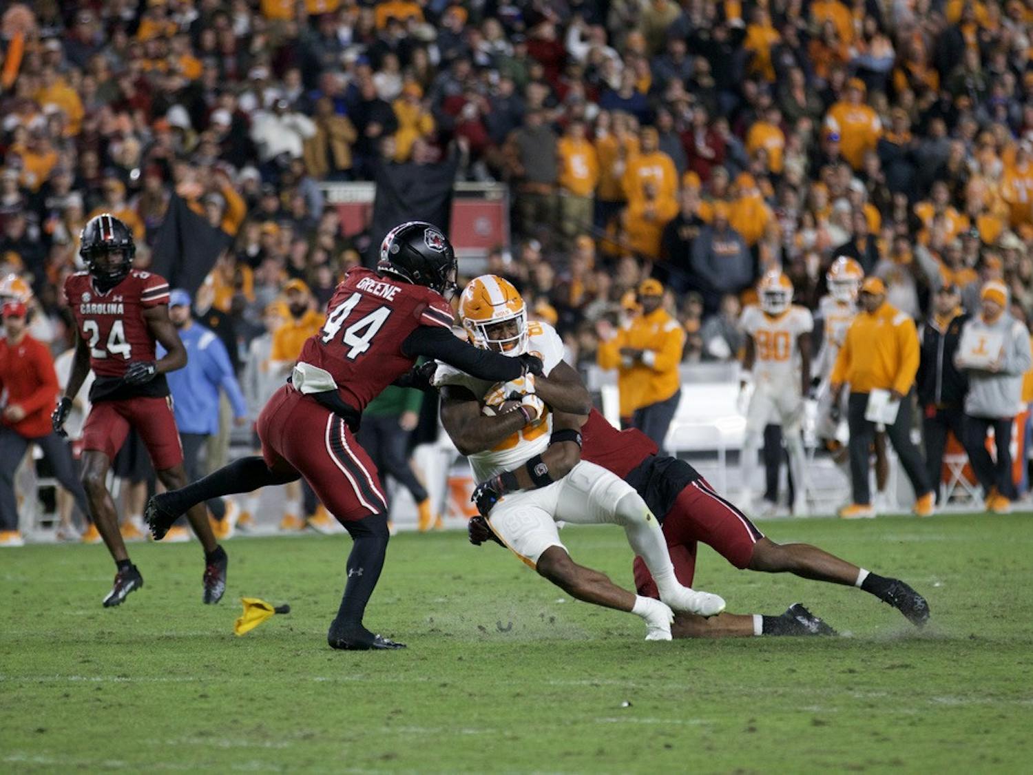 Sixth year linebacker Sherrod Greene brings down a Tennessee running back on Nov. 19, 2022. The Gamecocks went on to beat the Volunteers 63-38. &nbsp;