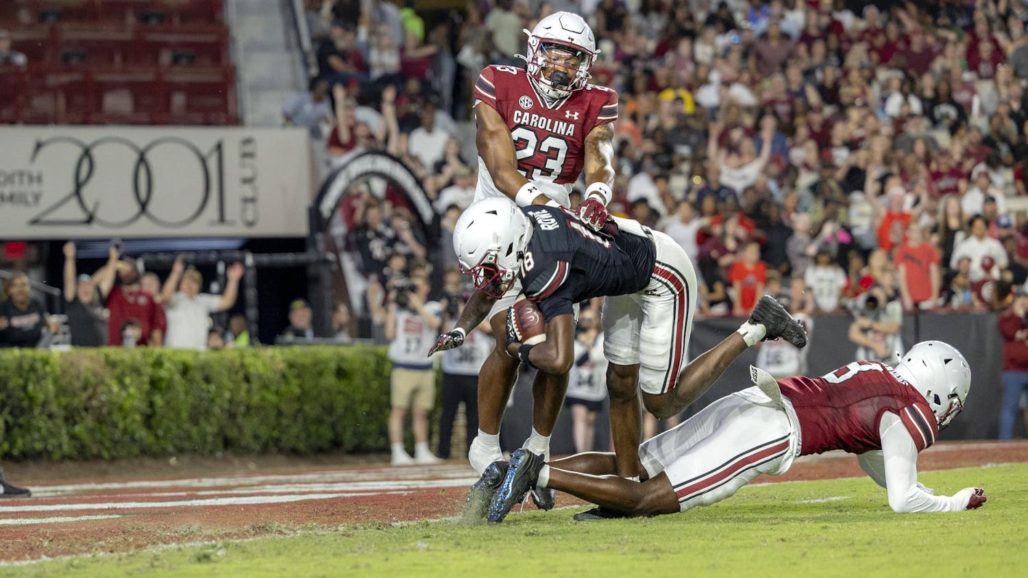 Freshman wide receiver Brian Rowe Jr. moves towards the end zone for Team Black during the 2025 spring game at Williams Brice Stadium on Friday, April 18, 2025. Rowe was tackled at the 1-yard line after catching a pass from freshman quarterback Cutter Woods.