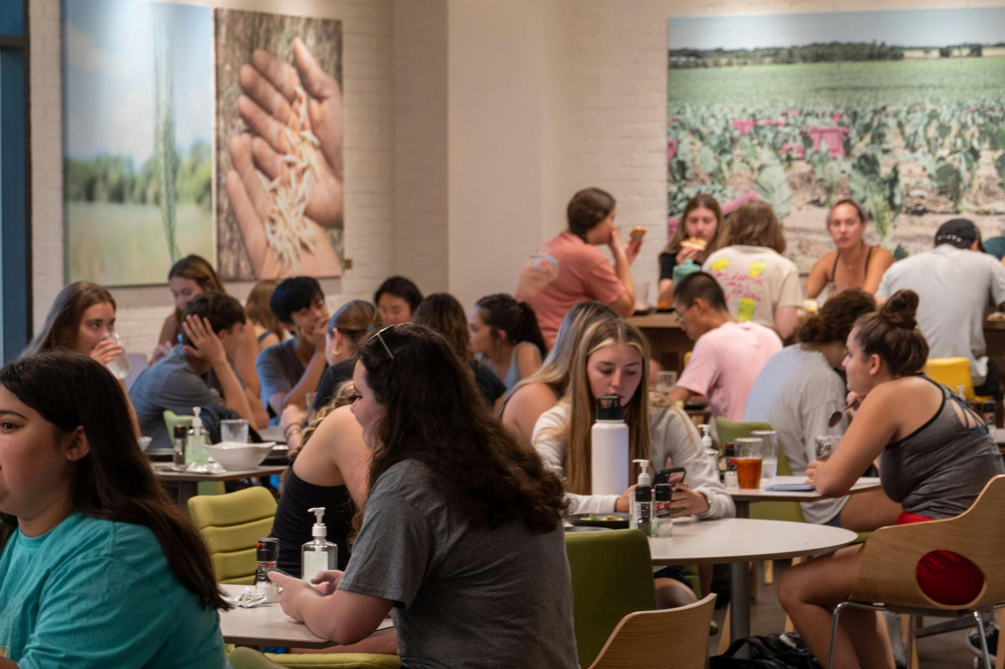 Students gather amongst tables in Fresh Greens on Sept. 20, 2022. Fresh Greene's, an organic buffet style eatery located in Russell House, serves fresh a fresh and healthier alternative to the campus community.