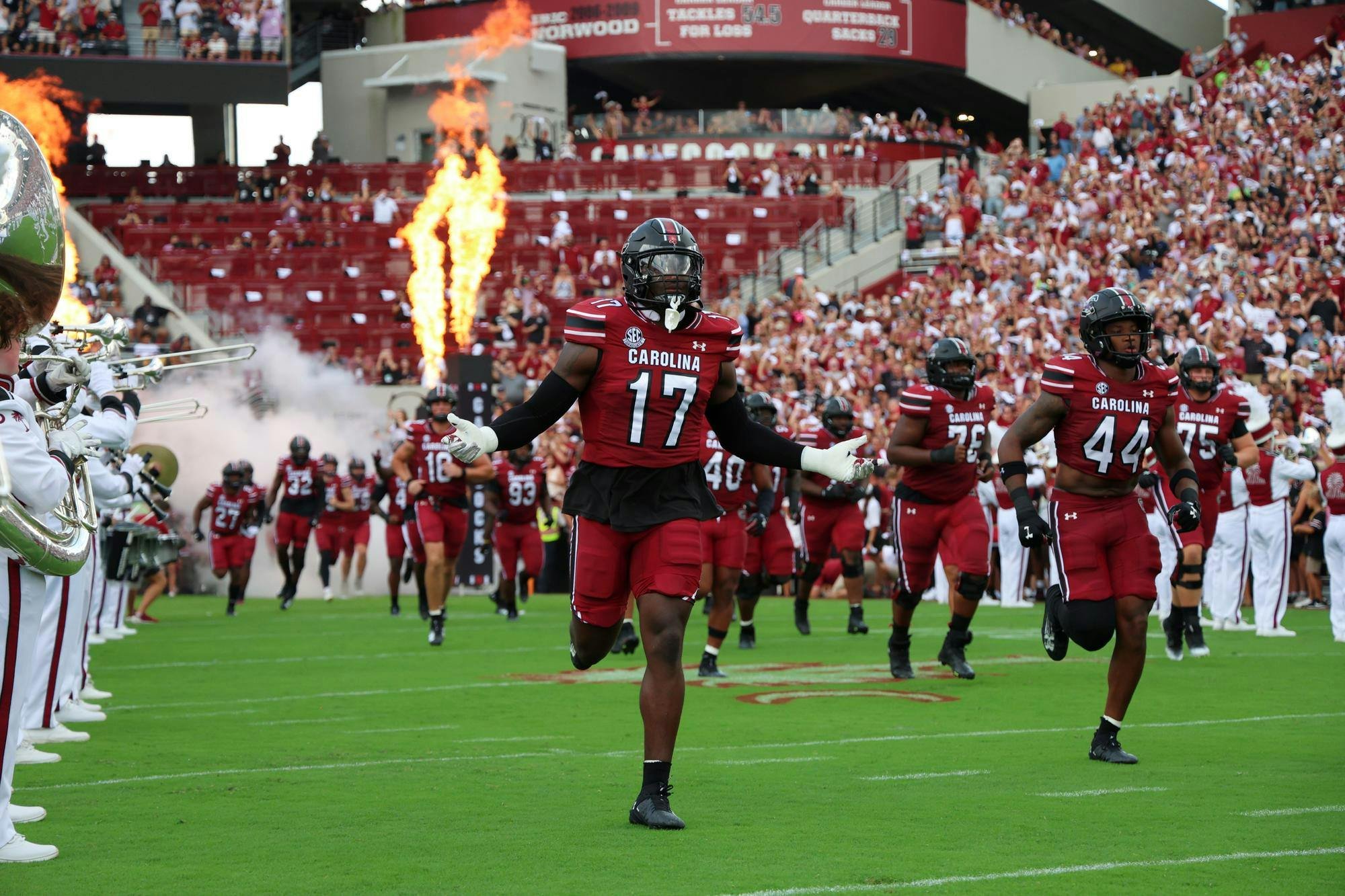 FILE - Sixth-year linebacker Demetrius Knight Jr. runs onto the field at the beginning of the game against Old Dominion on Aug. 31, 2024. Knight Jr. contributed five solo tackles to the Gamecocks’ defense during its season opener at Williams-Brice Stadium.