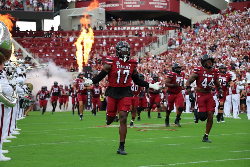 <p>FILE - Sixth-year linebacker Demetrius Knight Jr. runs onto the field at the beginning of the game against Old Dominion on Aug. 31, 2024. Knight Jr. contributed five solo tackles to the Gamecocks’ defense during its season opener at Williams-Brice Stadium.</p>