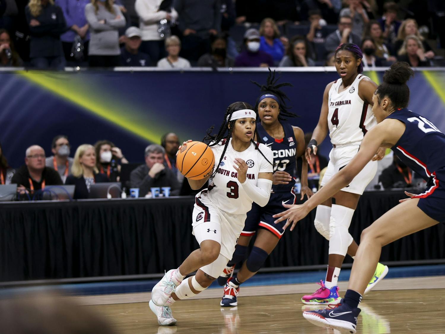 Senior guard Destanni Henderson drives inside the paint during the fourth quarter of South Carolina's 64-49 victory over University of Connecticut, winning the 2022 National Championship on April 3, 2022.