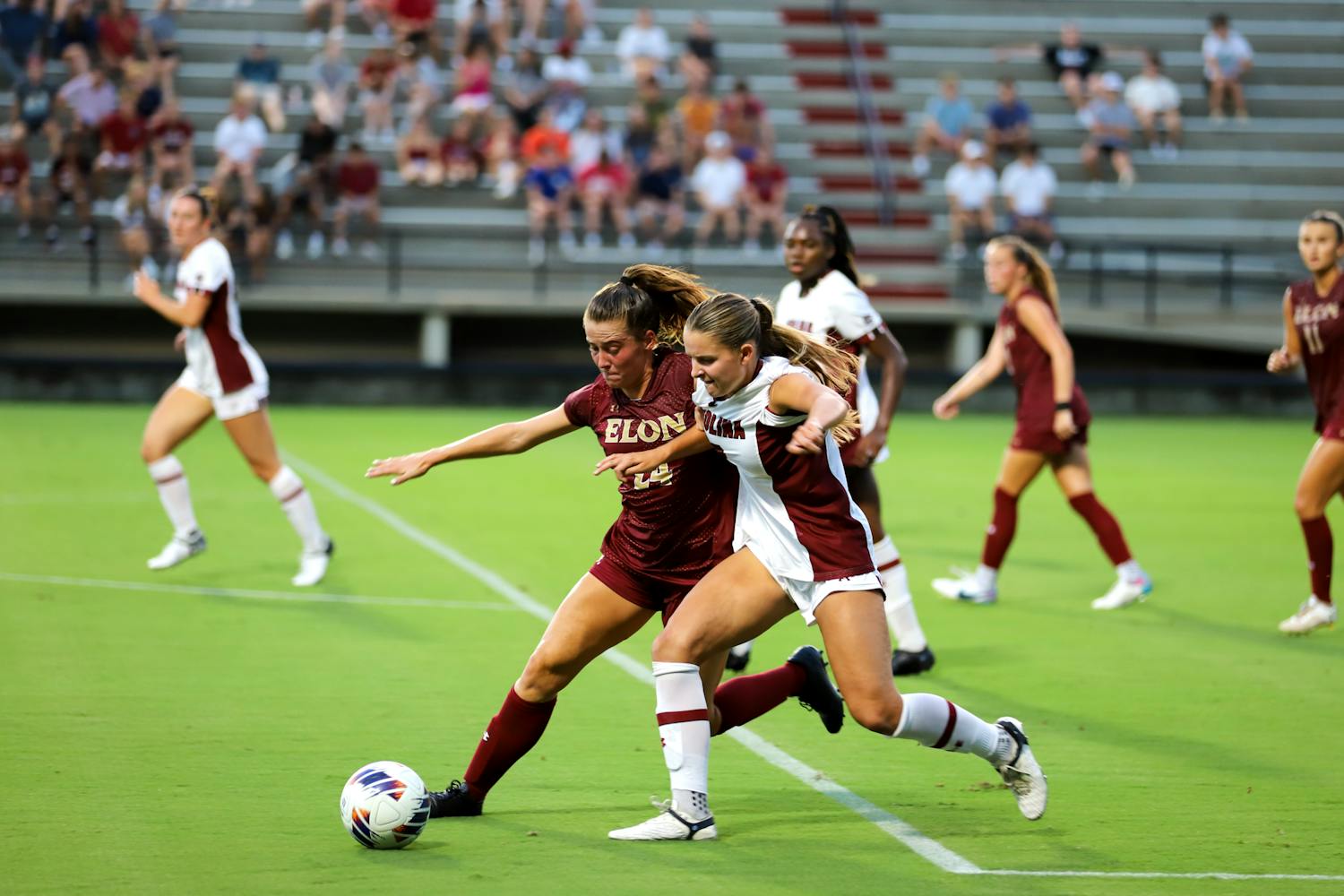 Freshman midfielder Cuyler Zulauf fights to retrieve the ball for the South Carolina Gamecocks on Aug. 31, 2023. The South Carolina Gamecocks took on Elon for their first home game of the season at Stone Stadium and won 2-0.&nbsp;