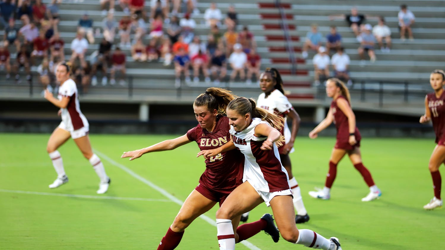 Freshman midfielder Cuyler Zulauf fights to retrieve the ball for the South Carolina Gamecocks on Aug. 31, 2023. The South Carolina Gamecocks took on Elon for their first home game of the season at Stone Stadium and won 2-0.&nbsp;