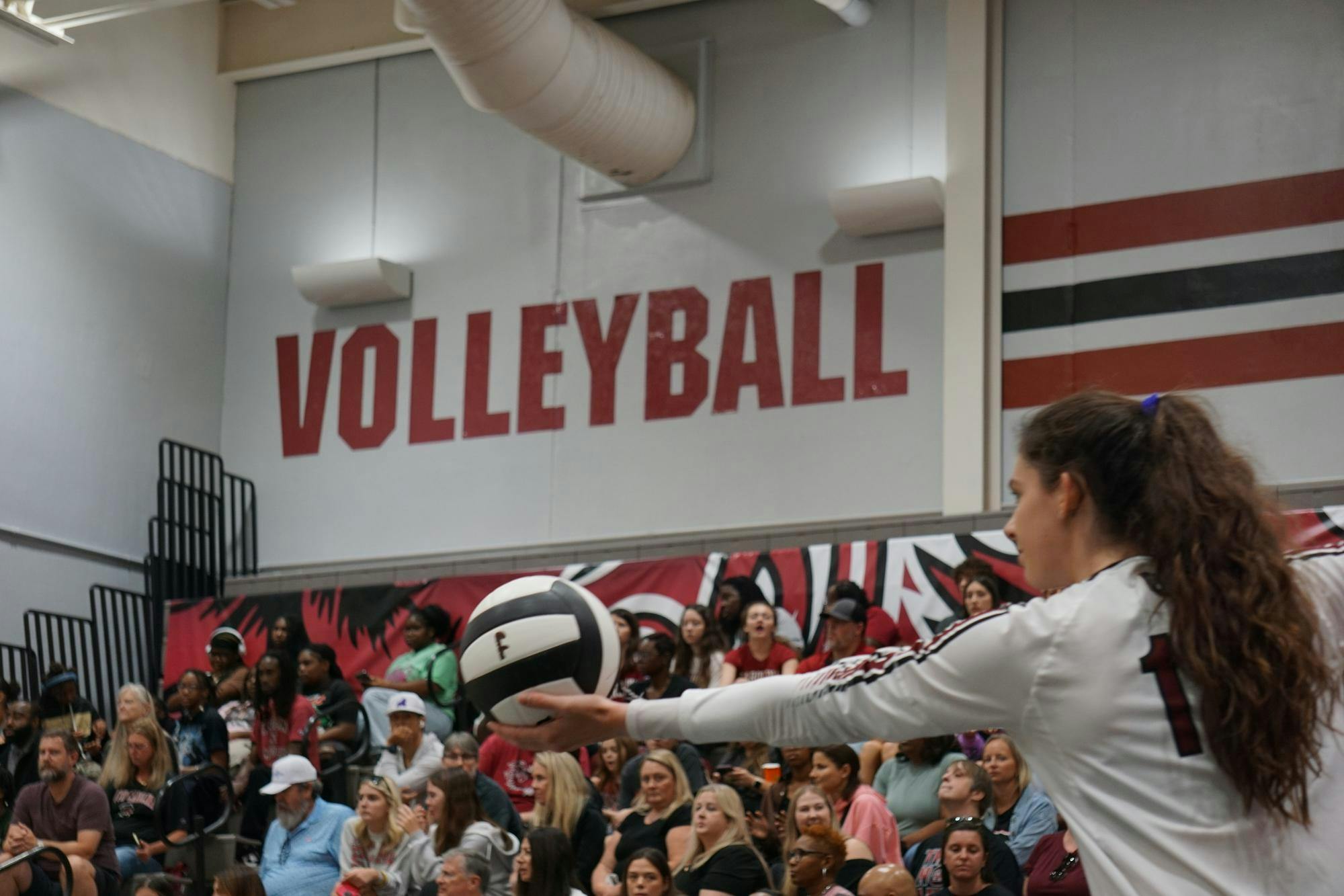 Senior outside hitter Alayna Johnson gets ready to serve the ball against Georgia at the Carolina Volleyball Center on Oct. 5, 2025. Johnson leads the Gamecocks with 17 service aces.