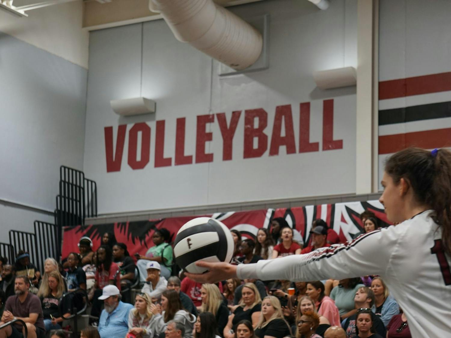 Senior outside hitter Alayna Johnson gets ready to serve the ball against Georgia at the Carolina Volleyball Center on Oct. 5, 2025. Johnson leads the Gamecocks with 17 service aces.