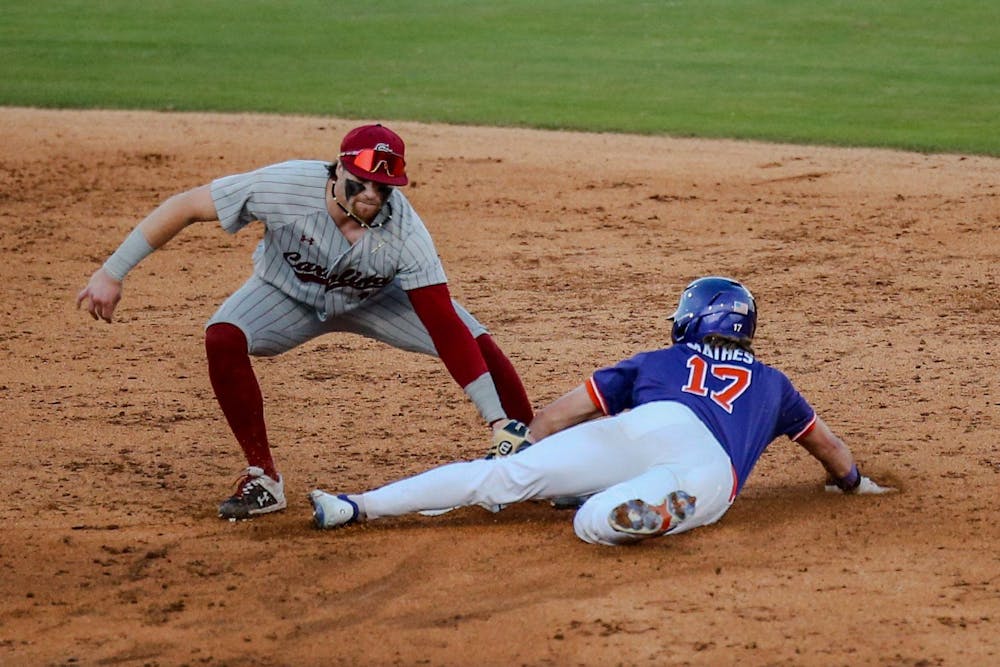 <p>FILE — Then fifth year infielder Parker Noland tags a Clemson base runner at second base on March 2, 2024 at Segra Park. The Gamecocks are set to play the Tigers this season in a 3 game series from Feb. 28-March 2.</p>