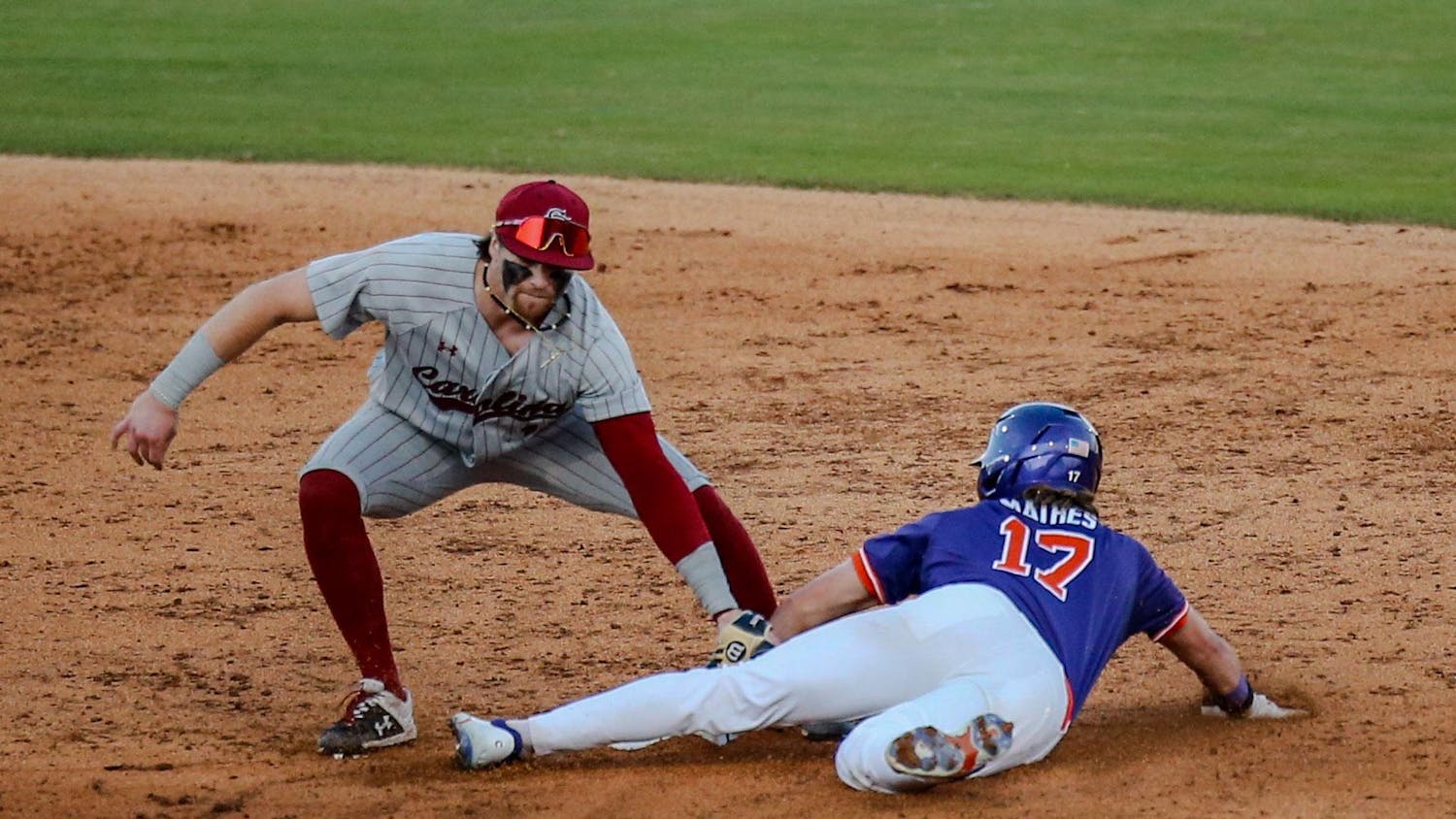 FILE — Then fifth year infielder Parker Noland tags a Clemson base runner at second base on March 2, 2024 at Segra Park. The Gamecocks are set to play the Tigers this season in a 3 game series from Feb. 28-March 2.