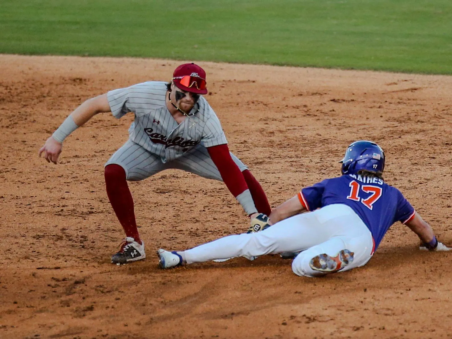 FILE — Then fifth year infielder Parker Noland tags a Clemson base runner at second base on March 2, 2024 at Segra Park. The Gamecocks are set to play the Tigers this season in a 3 game series from Feb. 28-March 2.