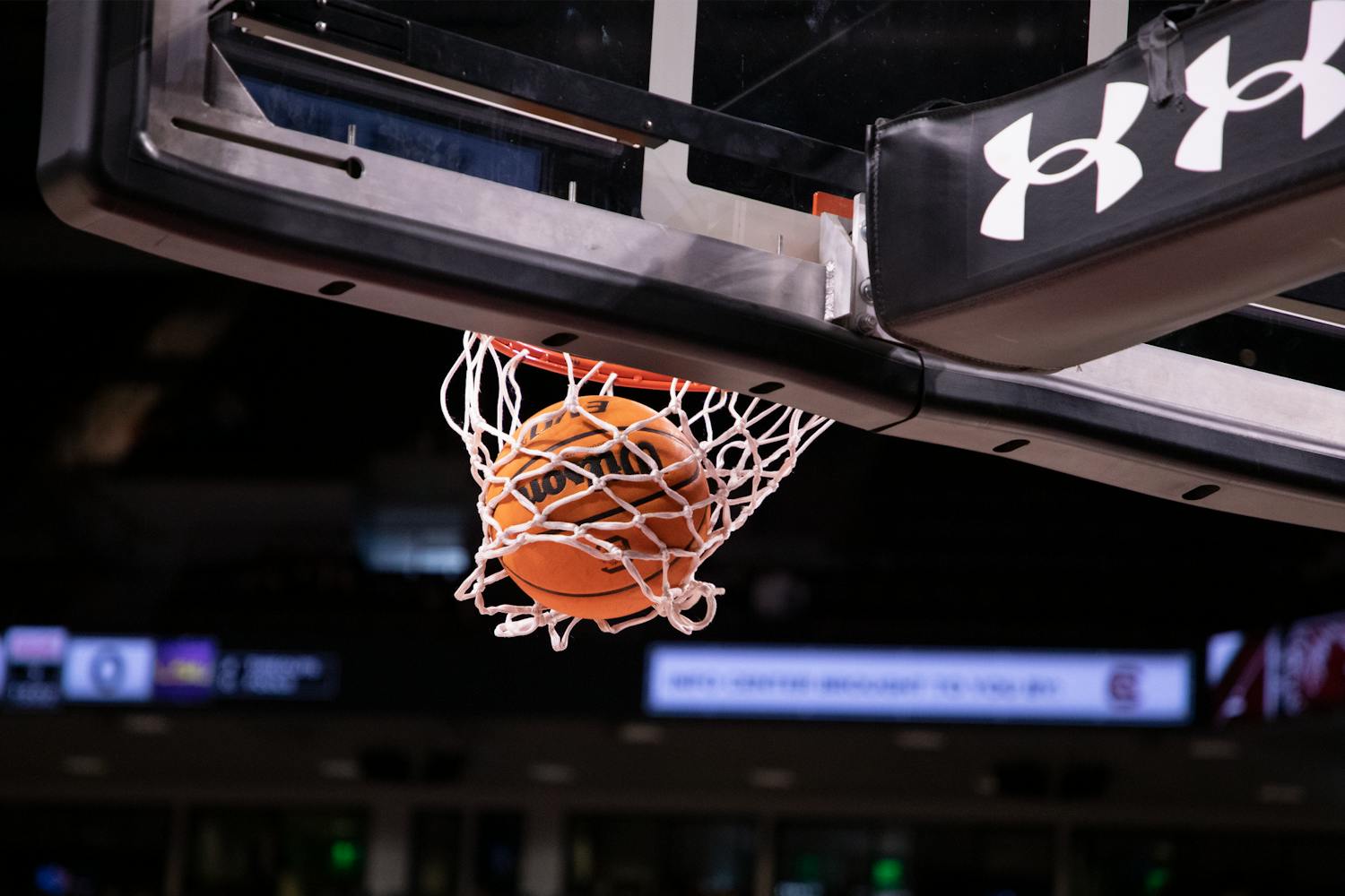 FILE— Basketball in net at Colonial Life Arena in Columbia, SC.