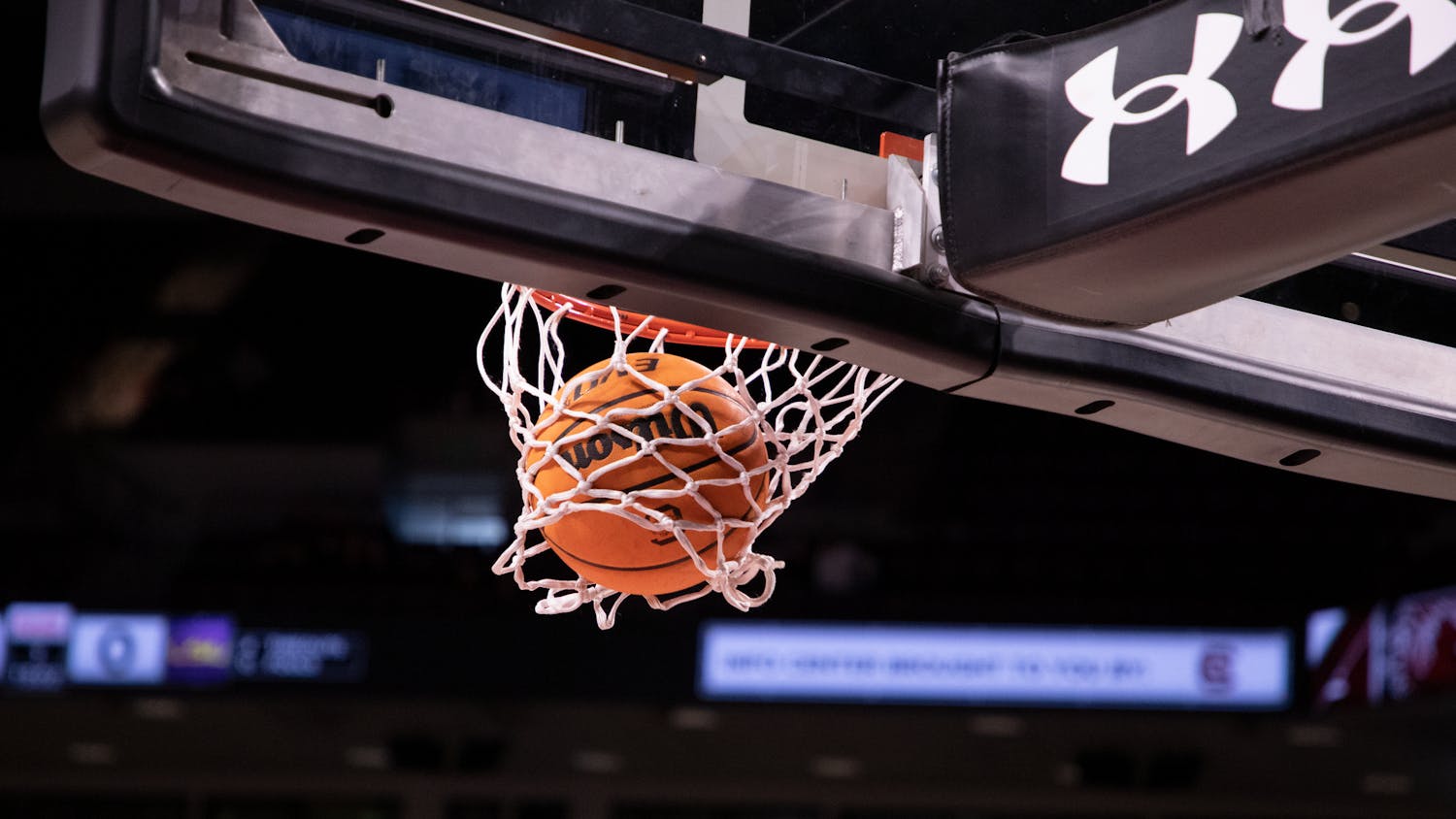 FILE— Basketball in net at Colonial Life Arena in Columbia, SC.
