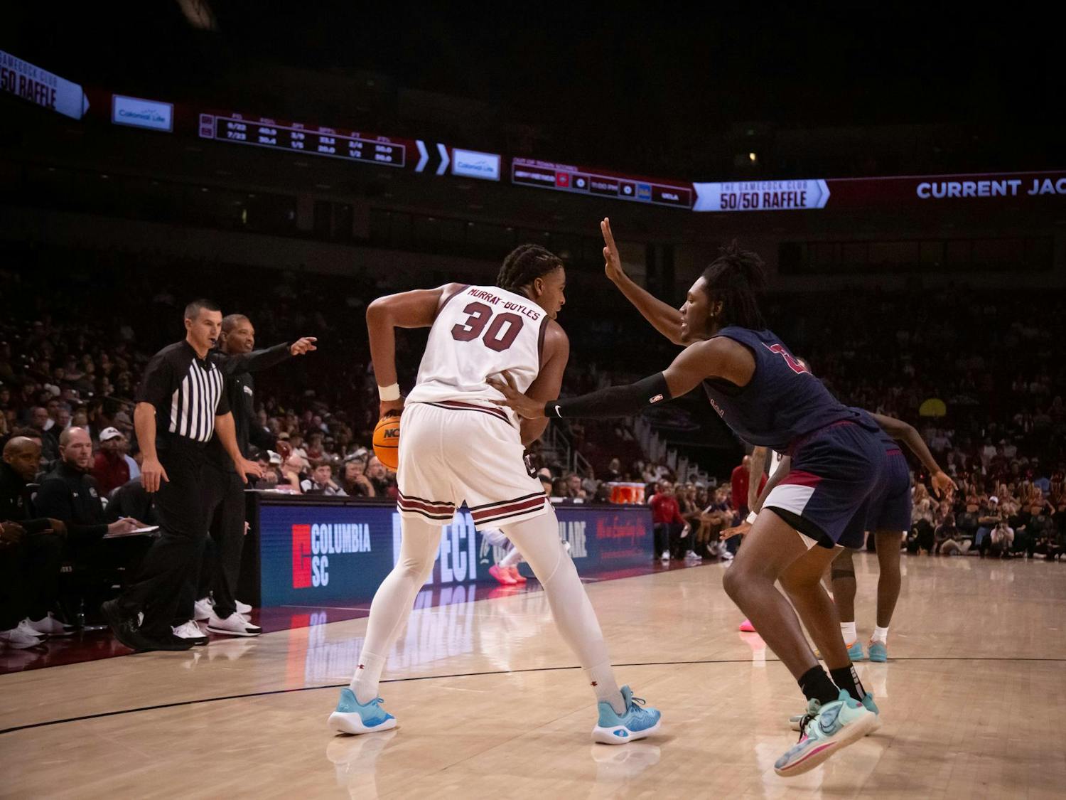 Sophomore forward Collin Murray-Boyles fights off a South Carolina State University defender on Nov. 8, 2024. Murray-Boyles had 19 points on the night.