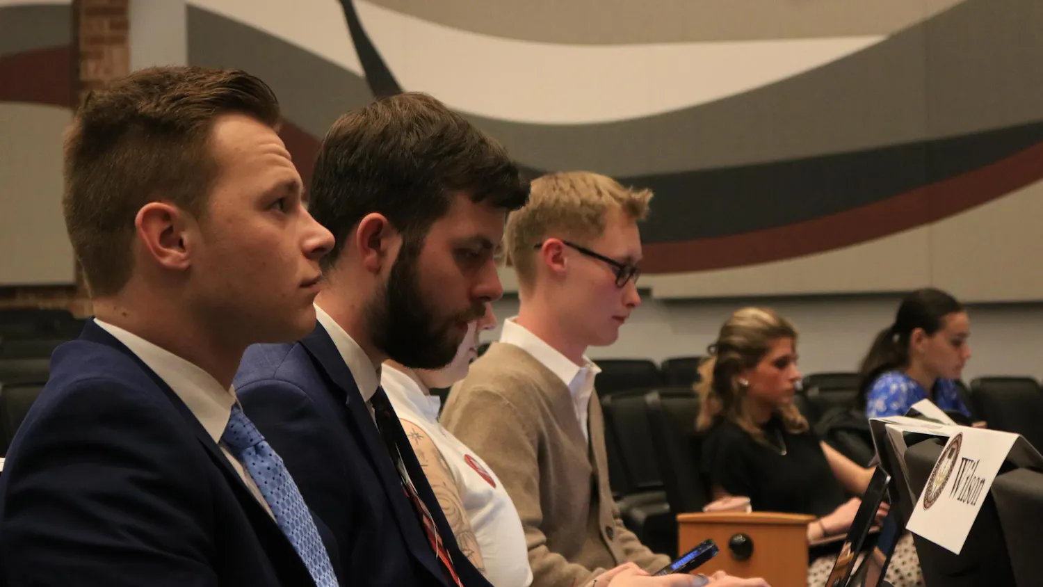 FILE — Senators listen to the Student Government meeting on Feb. 18, 2026, at the Russell House Theater. A bill to simplify chapter one of the Student Government codes was passed by the senate.