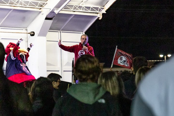USC football head coach Shane Beamer was the special guest at the annual tiger burn event on Nov. 21, 2022. UofSC students watched proudly as Beamer riled up the crowd to signal the start of the annual Tiger Burn 
ceremony.