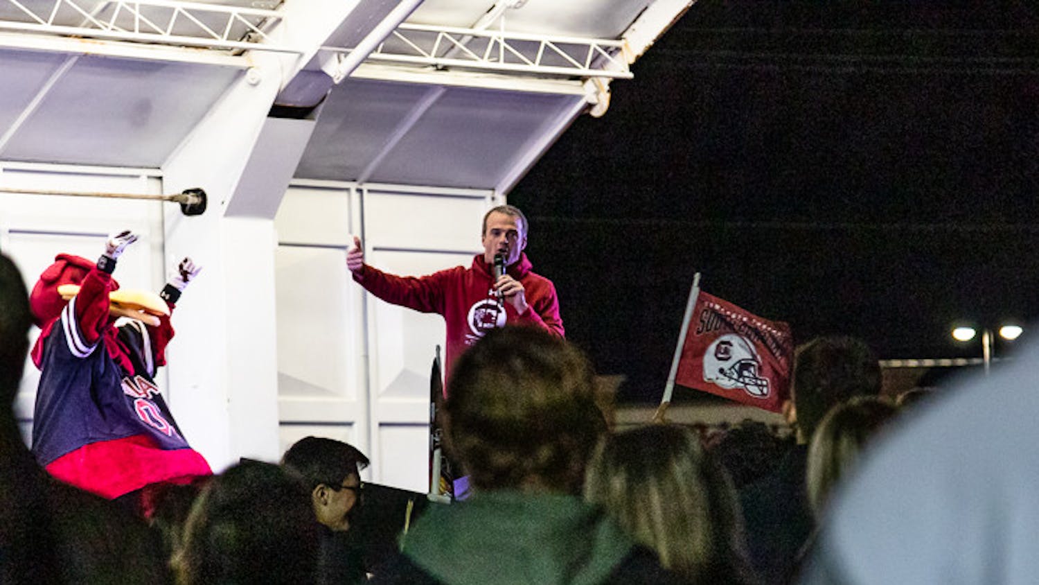 USC football head coach Shane Beamer was the special guest at the annual tiger burn event on Nov. 21, 2022. UofSC students watched proudly as Beamer riled up the crowd to signal the start of the annual Tiger Burn 
ceremony.