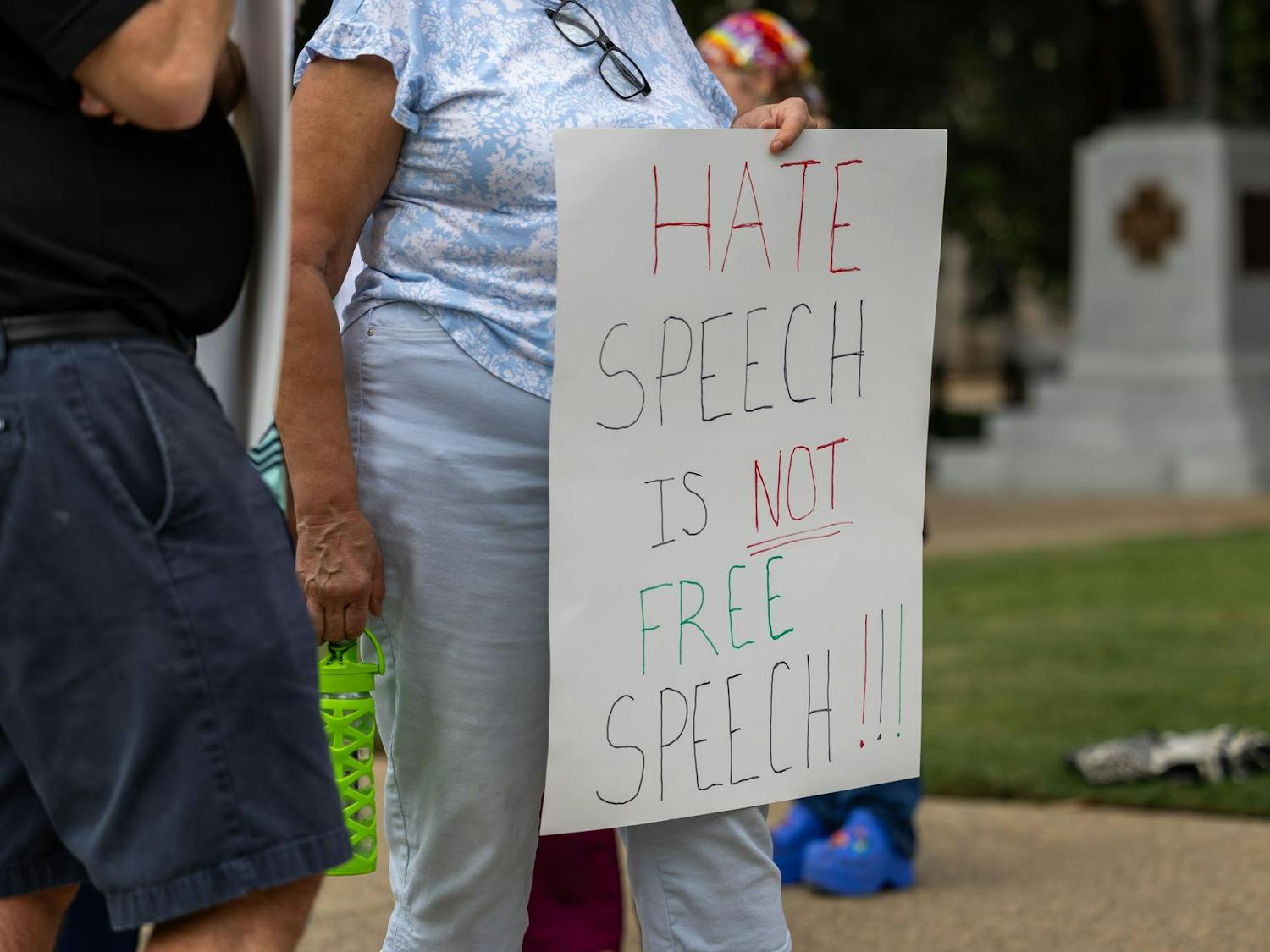 A sign that reads "Hate speech is not free speech" on Sept. 18, 2024. Members of South Carolina community gathered at the statehouse with signs to have a peaceful rally.