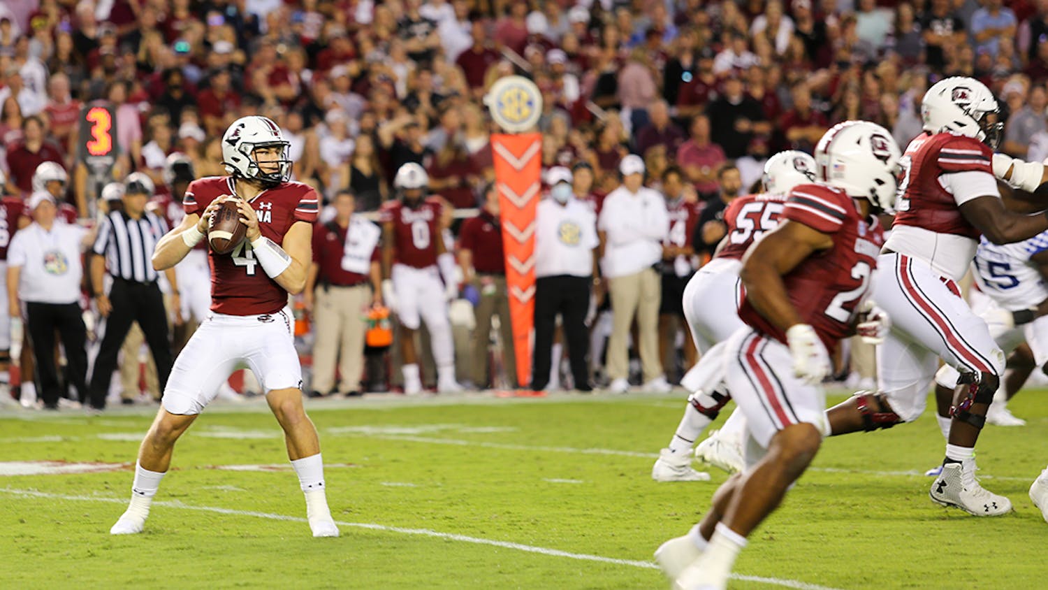 Sophomore quarterback Luke Doty searches downfield for an open receiver for the snap. The Gamecocks ultimately fell to the Kentucky Wildcats with a final score of 16-10.