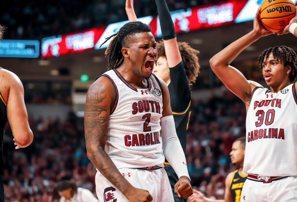 <p>Graduate student forward B.J. Mack celebrates during South Carolina's matchup against Missouri at Colonial Life Arena on Jan. 27, 2024. Mack scored 21 points during the Gamecocks' 72-64 victory over the Tigers.</p>