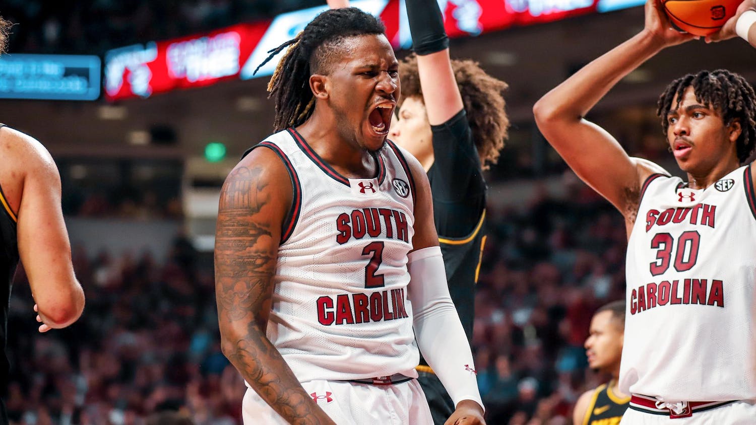 Graduate student forward B.J. Mack celebrates during South Carolina's matchup against Missouri at Colonial Life Arena on Jan. 27, 2024. Mack scored 21 points during the Gamecocks' 72-64 victory over the Tigers.