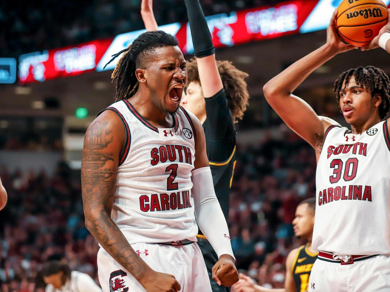 Graduate student forward B.J. Mack celebrates during South Carolina's matchup against Missouri at Colonial Life Arena on Jan. 27, 2024. Mack scored 21 points during the Gamecocks' 72-64 victory over the Tigers.